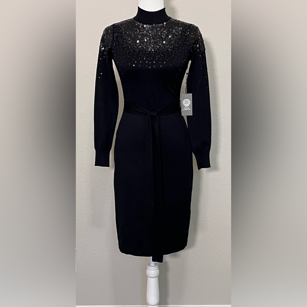 Vince Camuto Black Sequin Long Sleeve Belted Sweater Dress Size XS